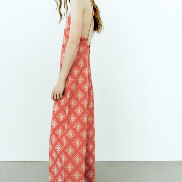 Zara NWOT Printed The Jami Print Jumpsuit orange/creme size Small - Picture 6 of 9